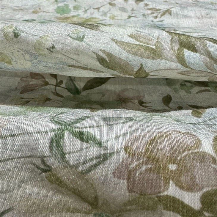 Green Leaves And Flowers Silk Linen Comfortable Fabric